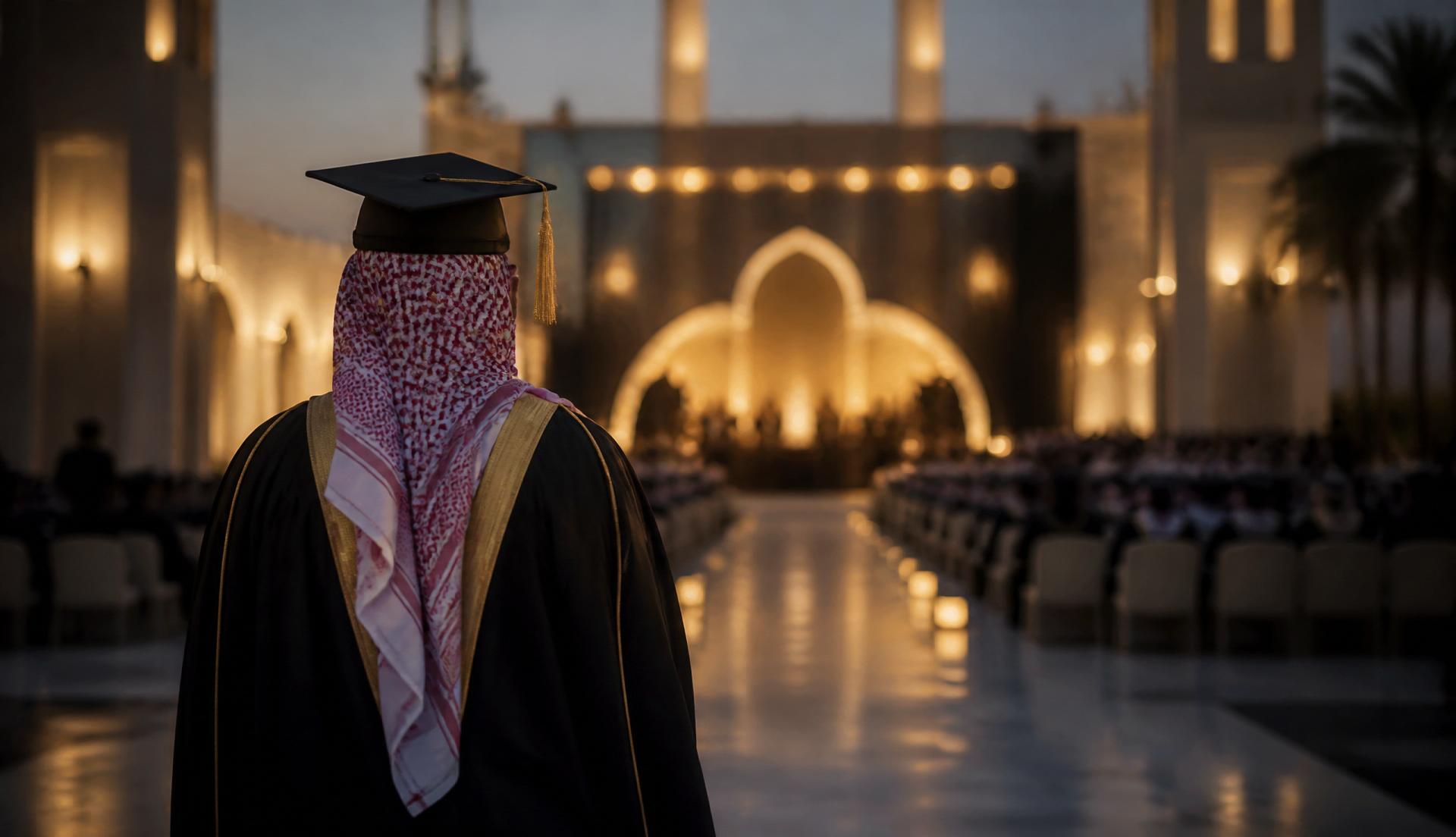 طالب خرّيج عند مدخل قاعة التخرّج عند الغروب