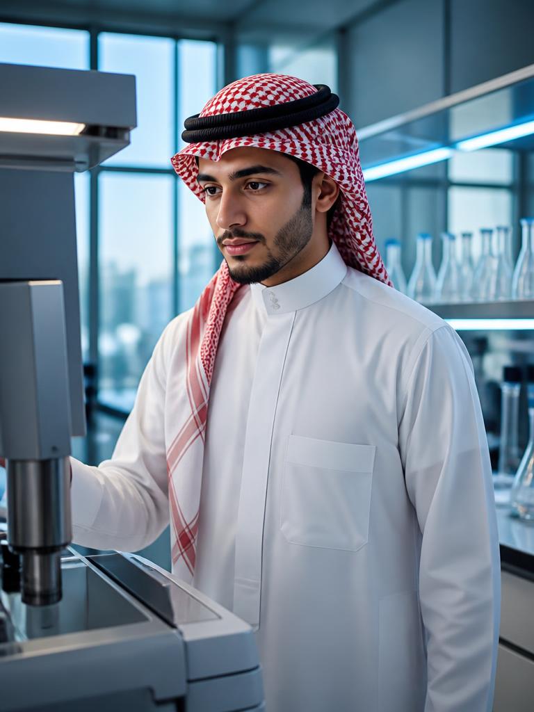 طالب سعودي بالزيّ الخليجيّ داخل معملٍ جامعيٍّ حديث