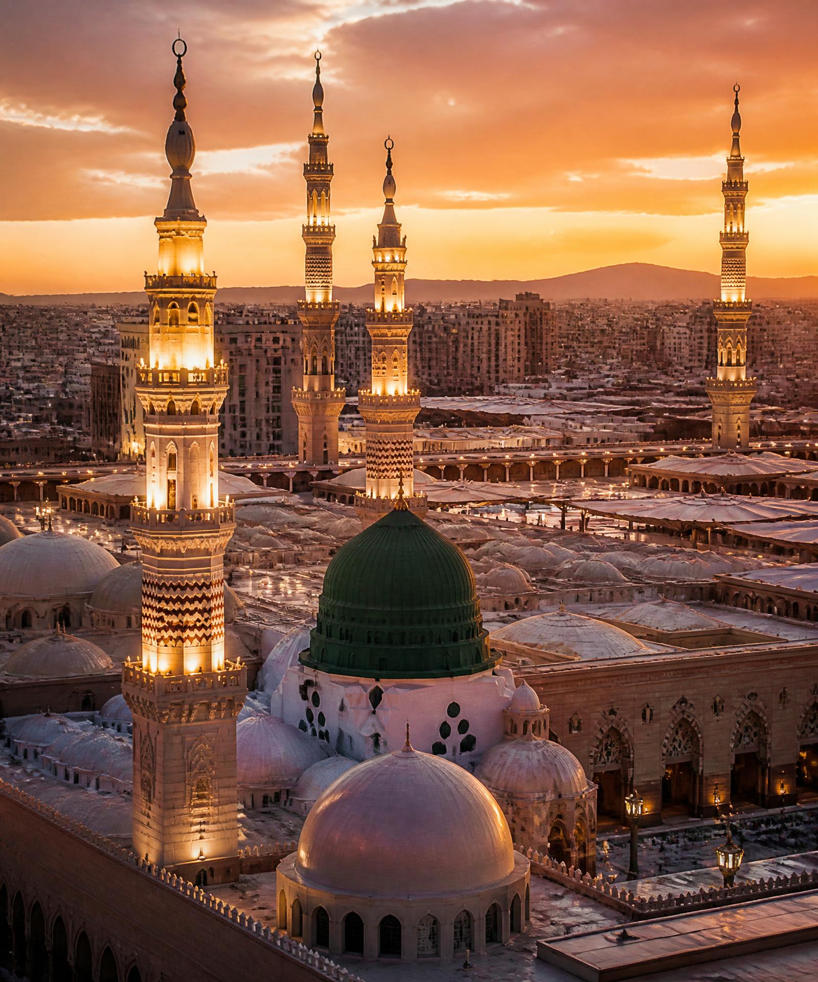 منظر ذهبيّ للمسجد النبوي الشريف بقبّته الخضراء ومآذنه في المدينة المنوّرة عند الغروب