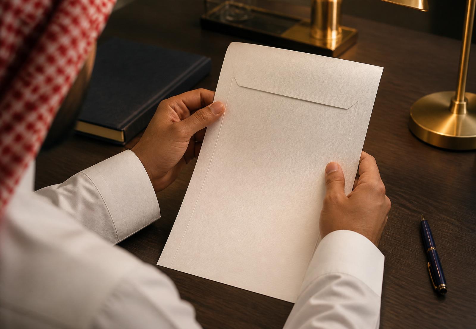 يدا طالب تحملان مظروف خطاب قبول جامعي على مكتب خشبي