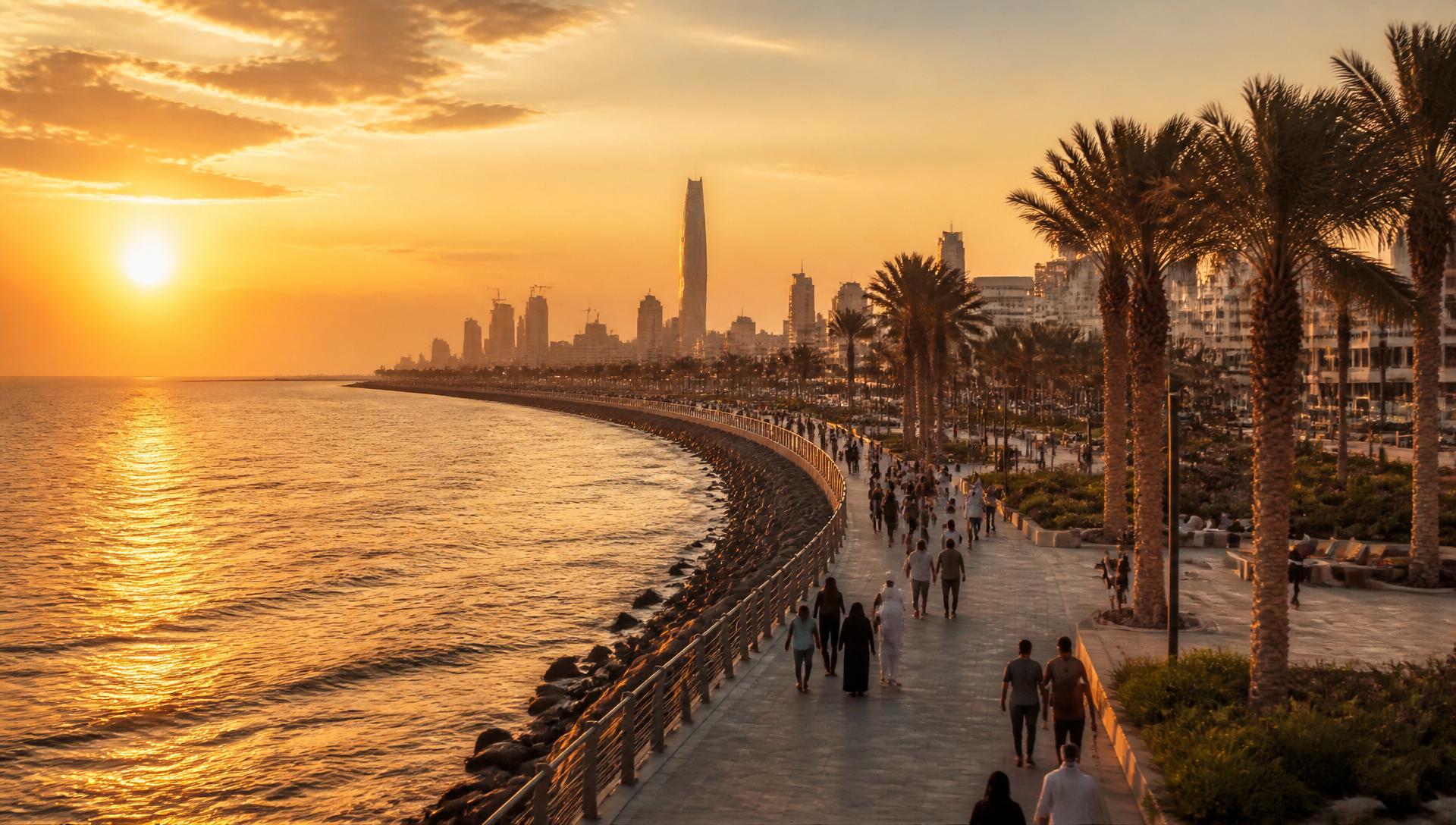 كورنيش جدّة عند الغروب — البحر الأحمر يتوهّج ذهبًا والأبراج في الأفق
