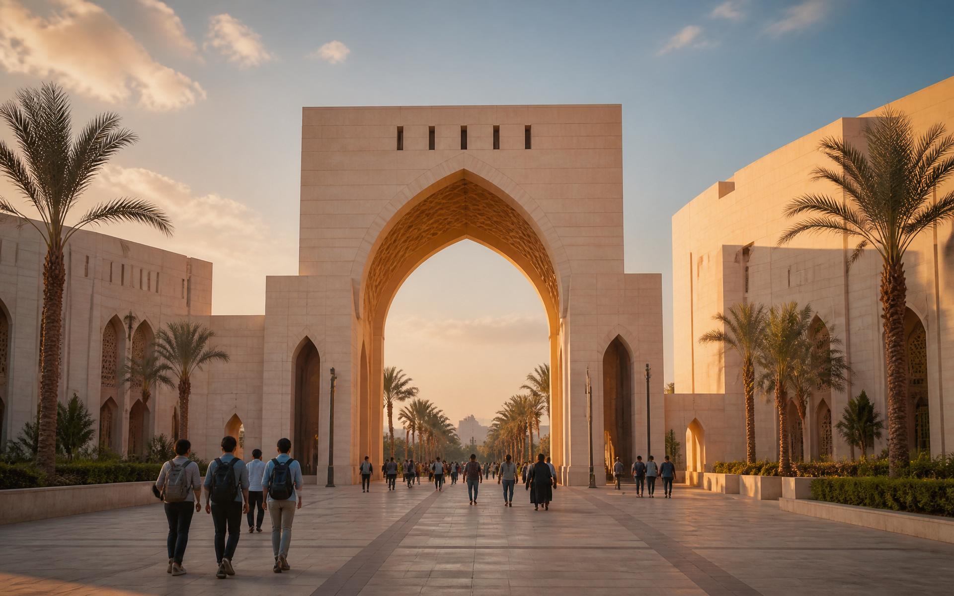 بوّابة جامعة الملك عبدالعزيز عند الذهب — قوس مهيب، نخيل، طلاب يعبرون