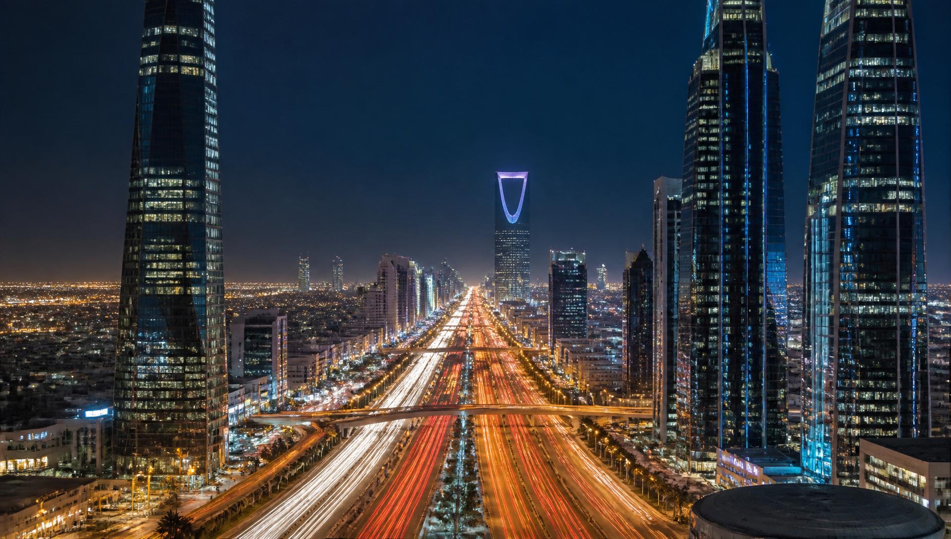 طريق الملك فهد ليلًا — مسارات الضوء تتدفّق بين الأبراج