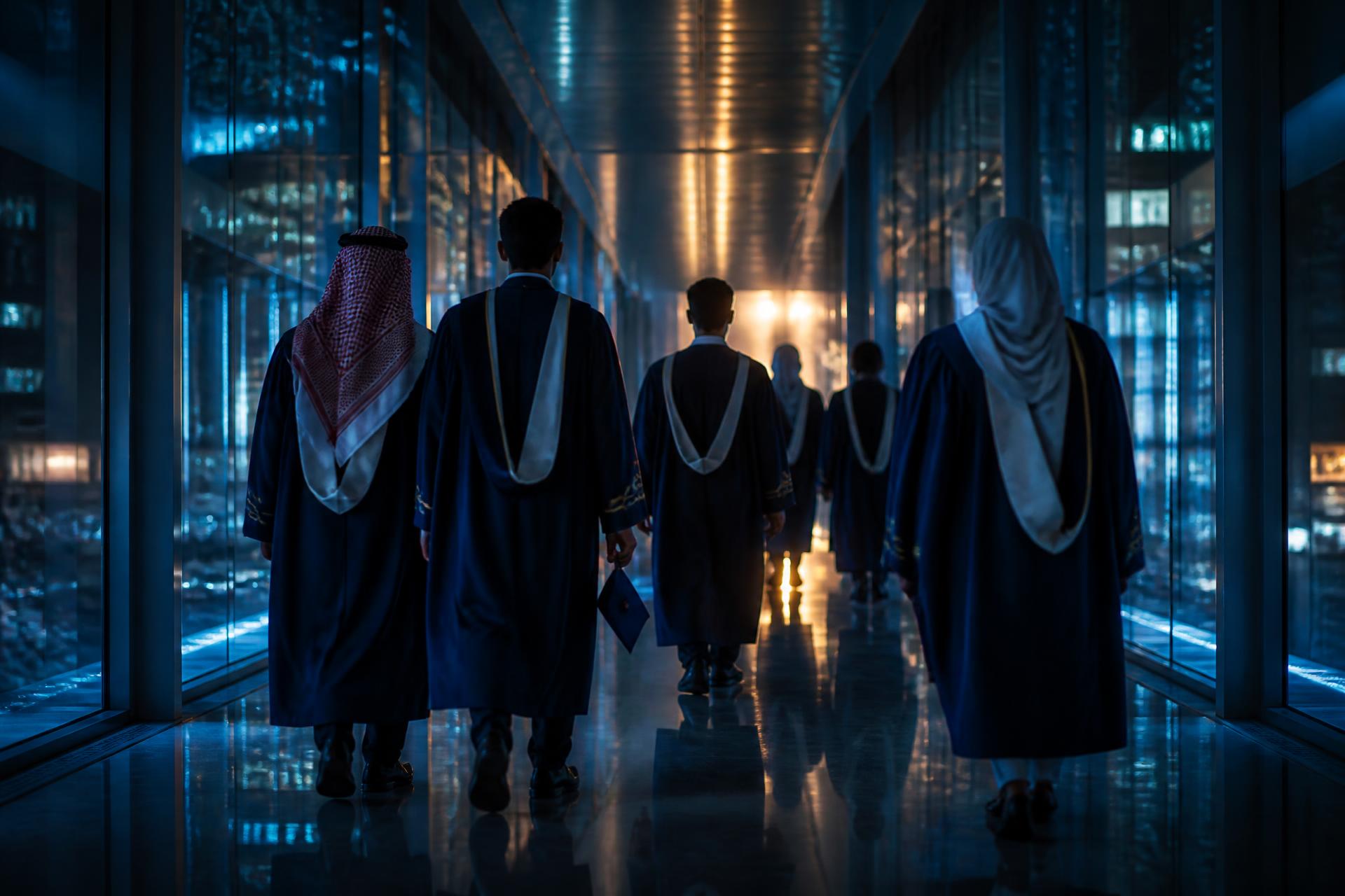 خرّيجون يسيرون في ممر زجاجي تحت إضاءة زرقاء داخل KFUPM