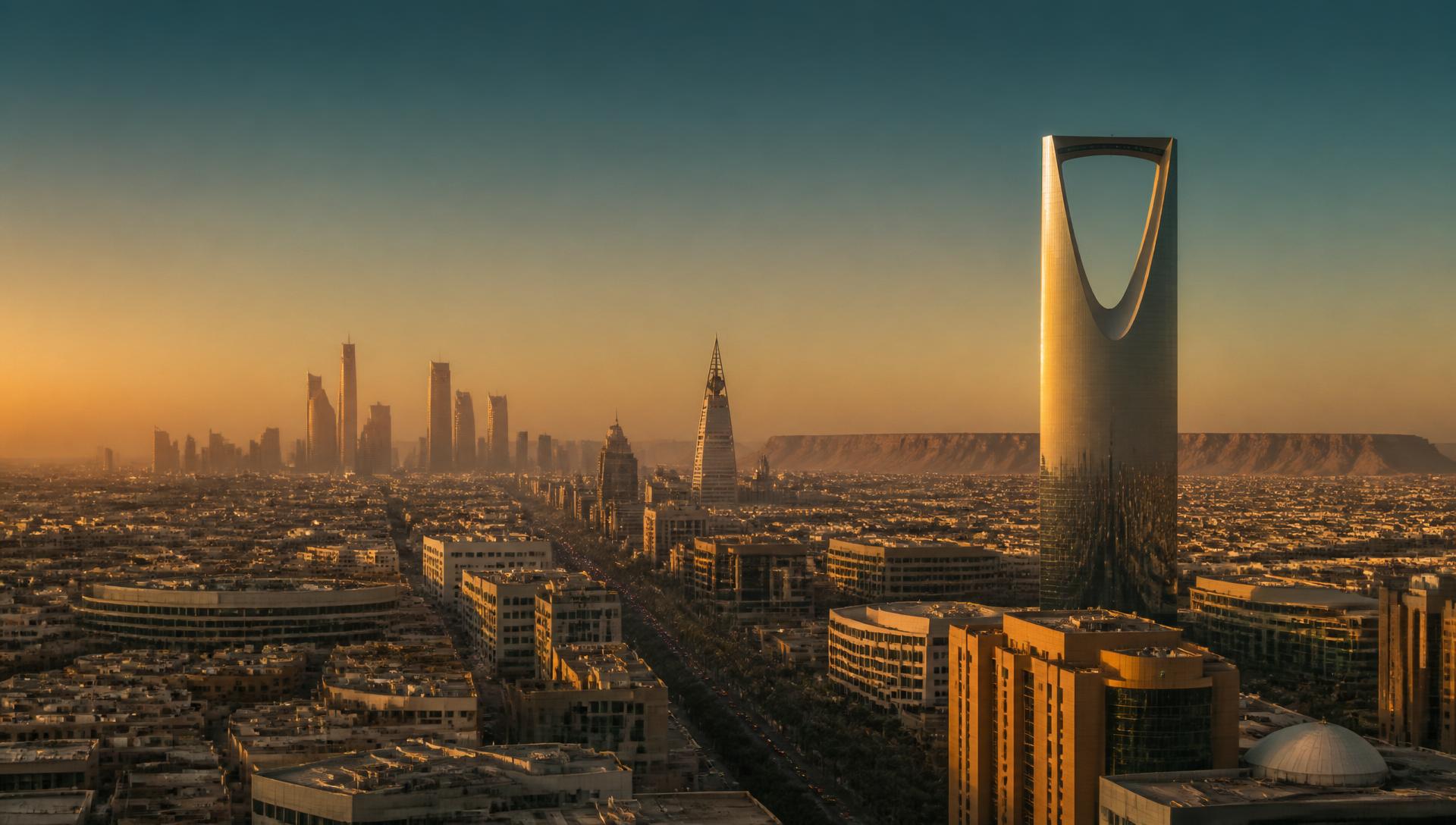 أفق الرياض عند الغروب يُظهر برج المملكة وأبراج مركز الملك عبدالله المالي في الخلفية