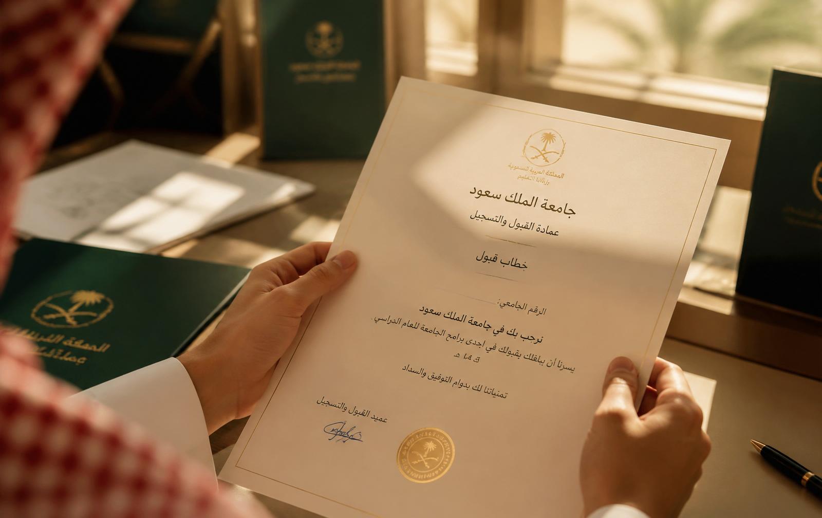 يدا طالب تمسكان خطاب قبول رسمي من جامعة سعودية في ضوء الذهب