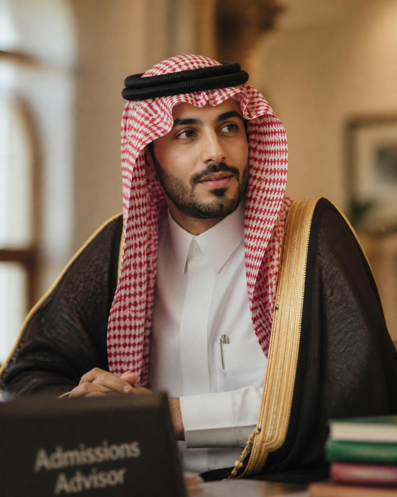 مستشار قبول جامعي سعودي في الثلاثينات يجلس بجانب نافذة بضوء طبيعي ناعم