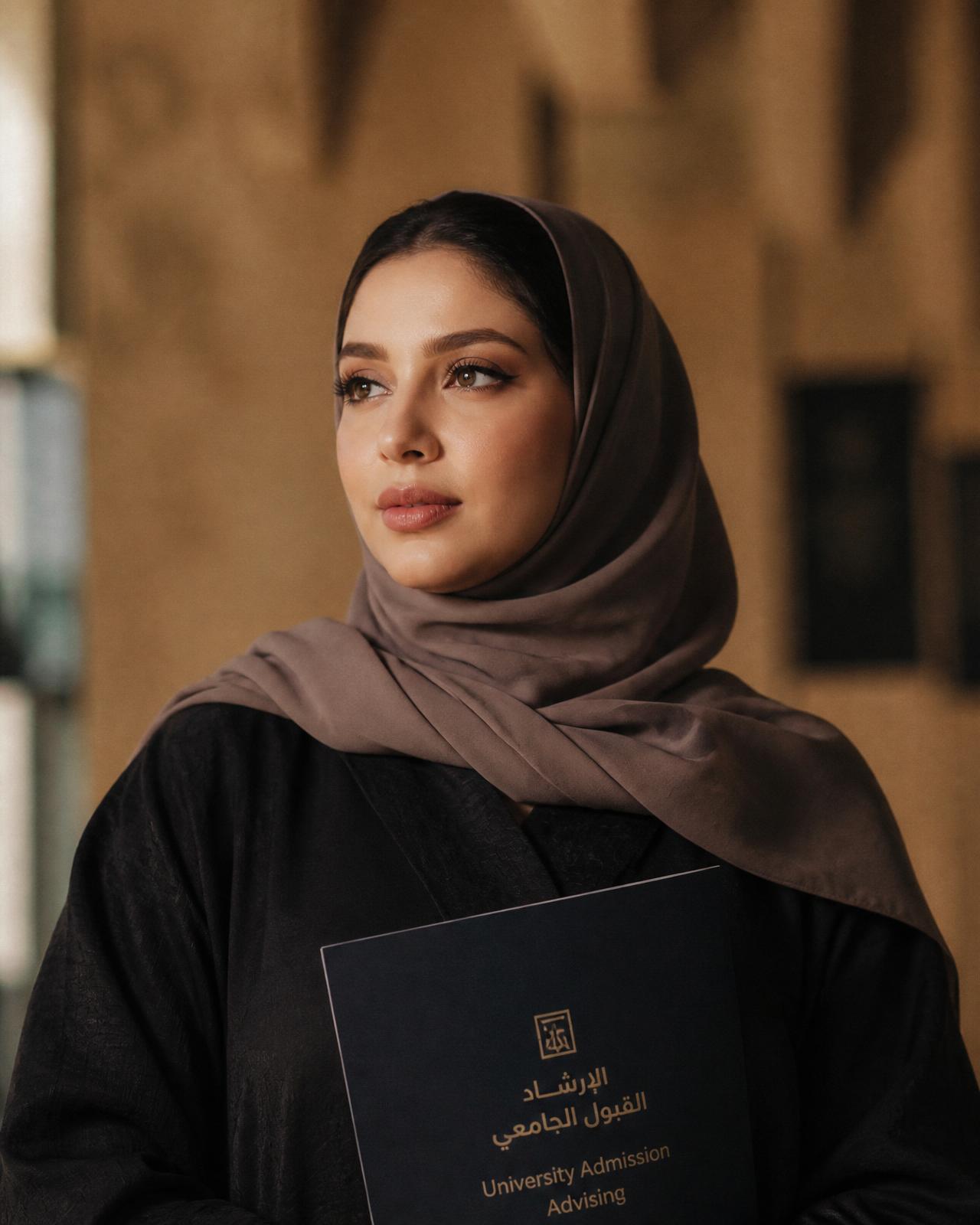 مستشارة قبول جامعي سعودية بلباس مهني هادئ، تنظر بعيدًا في ضوء دافئ