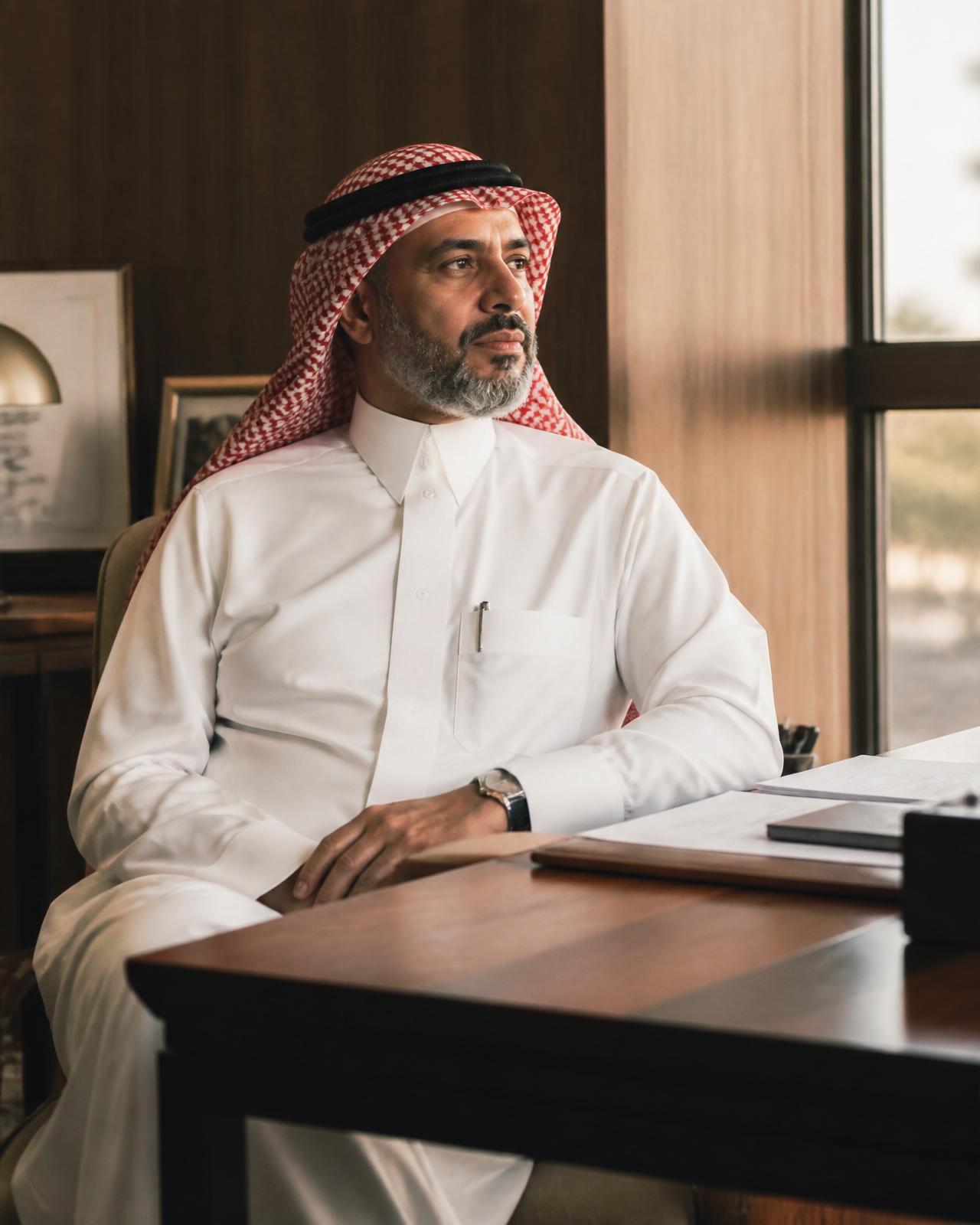 مستشار قبول جامعي سعودي خبير يجلس عند مكتبه ينظر إلى نافذة في ضوء غروب