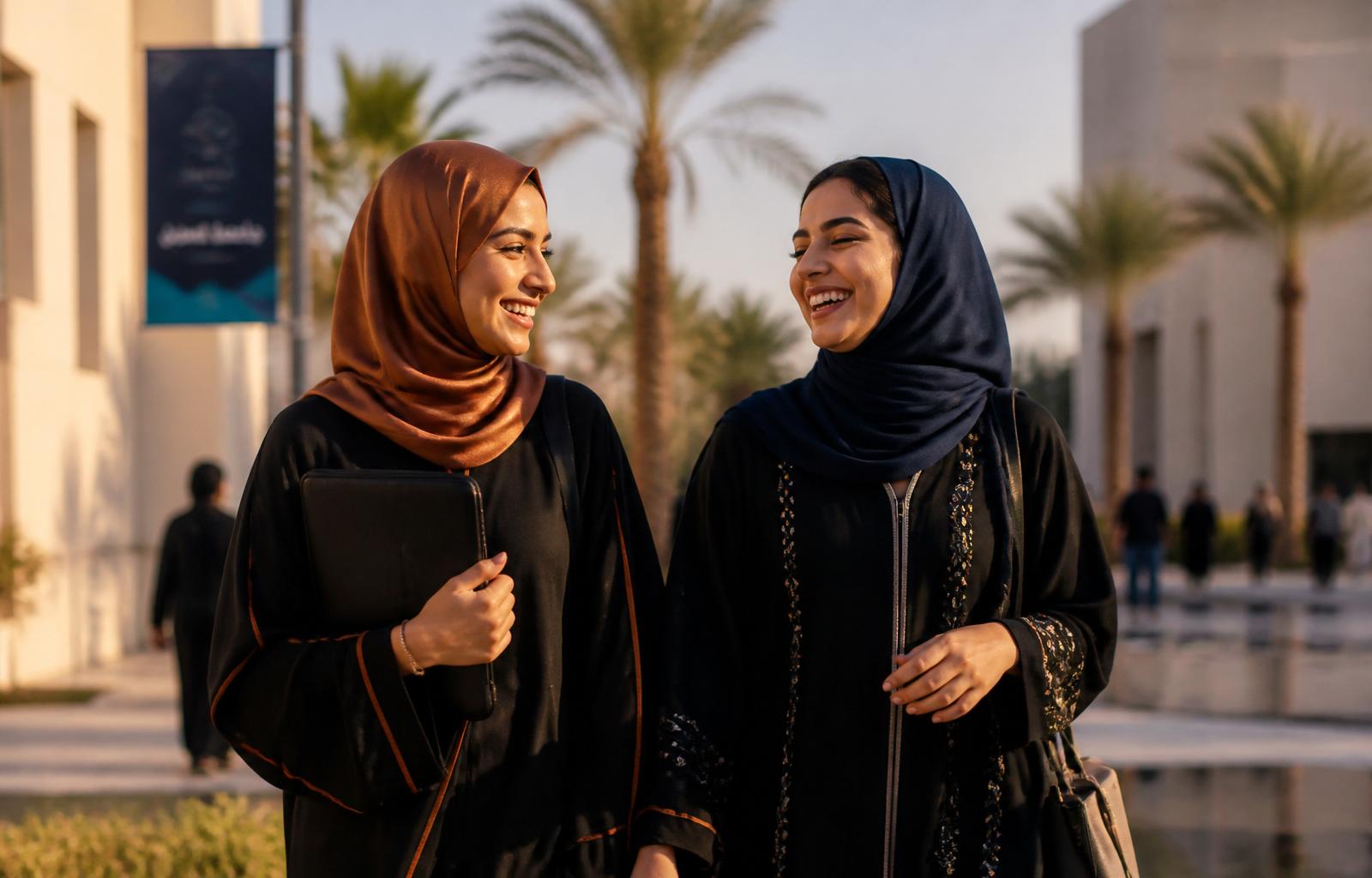 طالبتان سعوديّتان بالزيّ الخليجيّ تضحكان معًا داخل حرم جامعيّ في ضوء غروب ذهبي